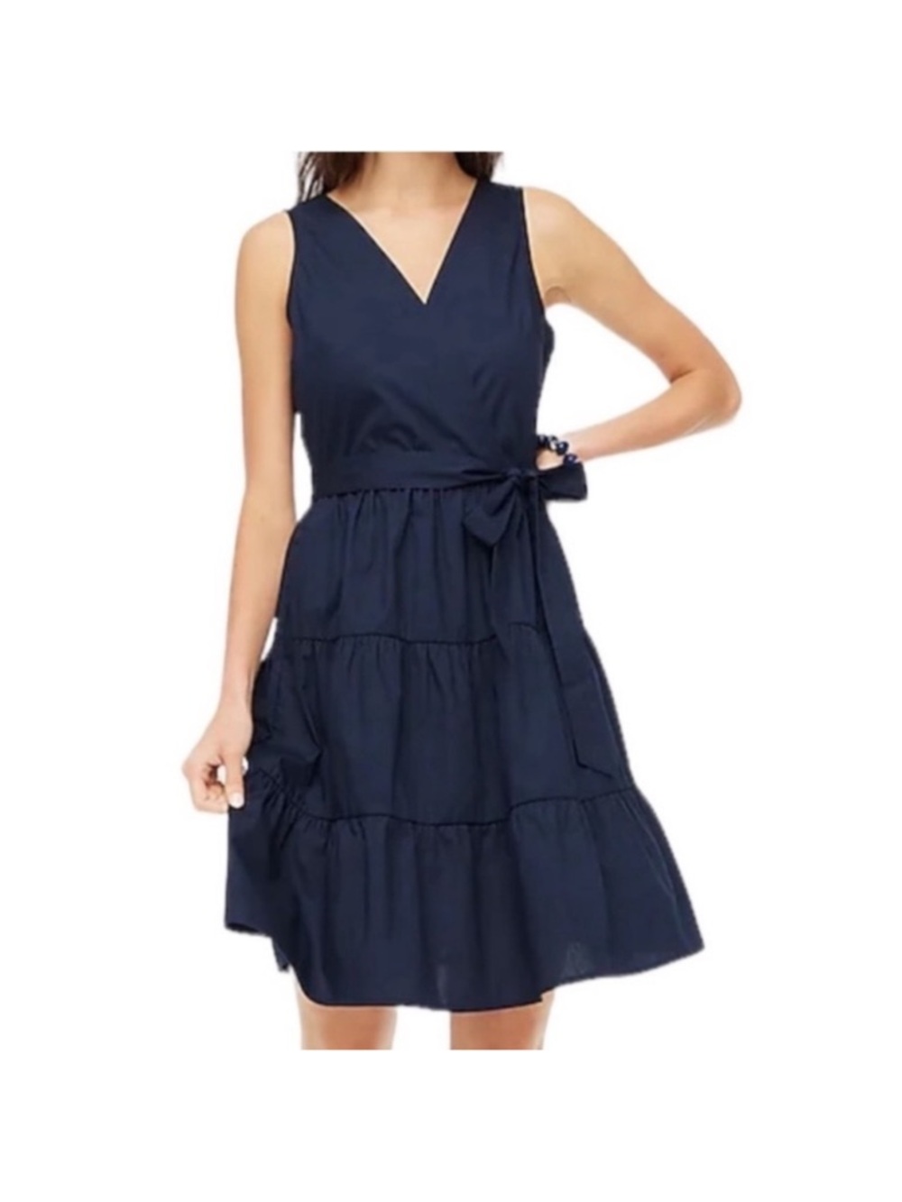 J.Crew Navy Faux Wrap Tiered Dress Tie Waist V-Neck Size 2 - Picture 3 of 14